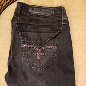 Rock Revival Black Skinny Jeans with Pink Crystal Pocket Accents